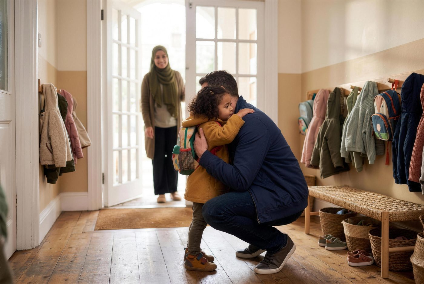 A father crouching to hug his young daughter goodbye at the nursery coat pegs