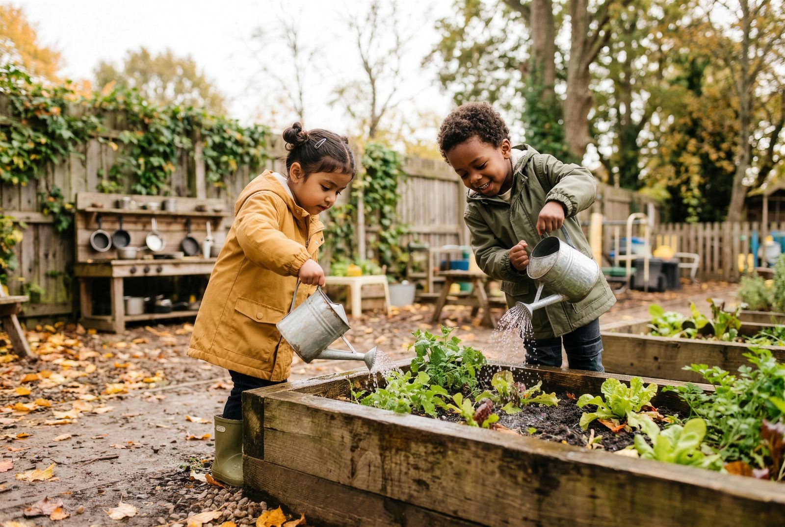 Two young children in wellies watering herbs in a raised garden bed