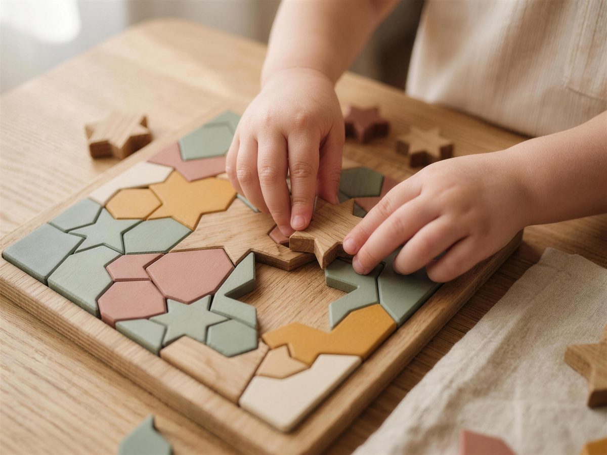 A young child's hands fitting a wooden tile into a geometric star puzzle
