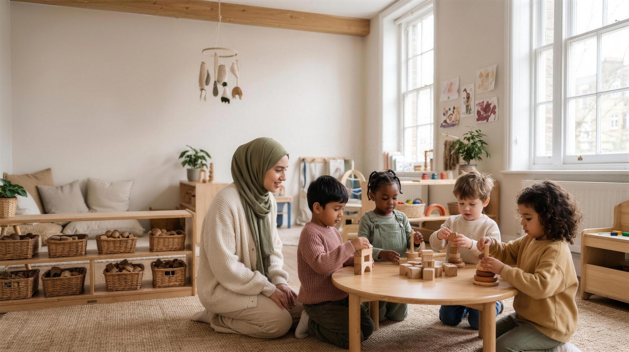 Young children playing with wooden blocks at a low table while an early years educator kneels beside them